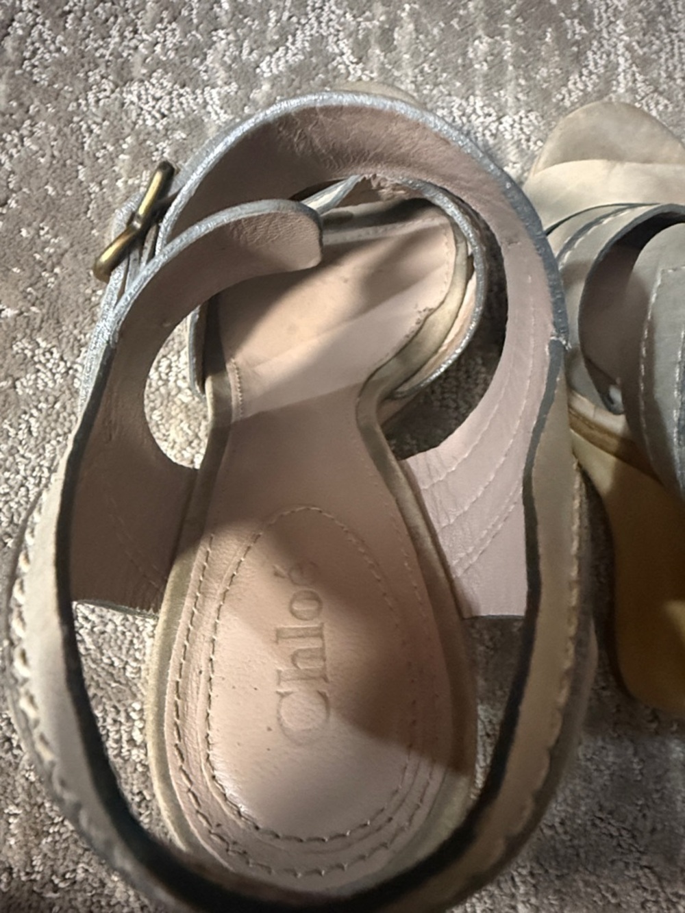 Chloé Neutral Leather Wedge Sandals | 5” Wooden Heel | Beige Strappy Platform - Picture 8 of 9